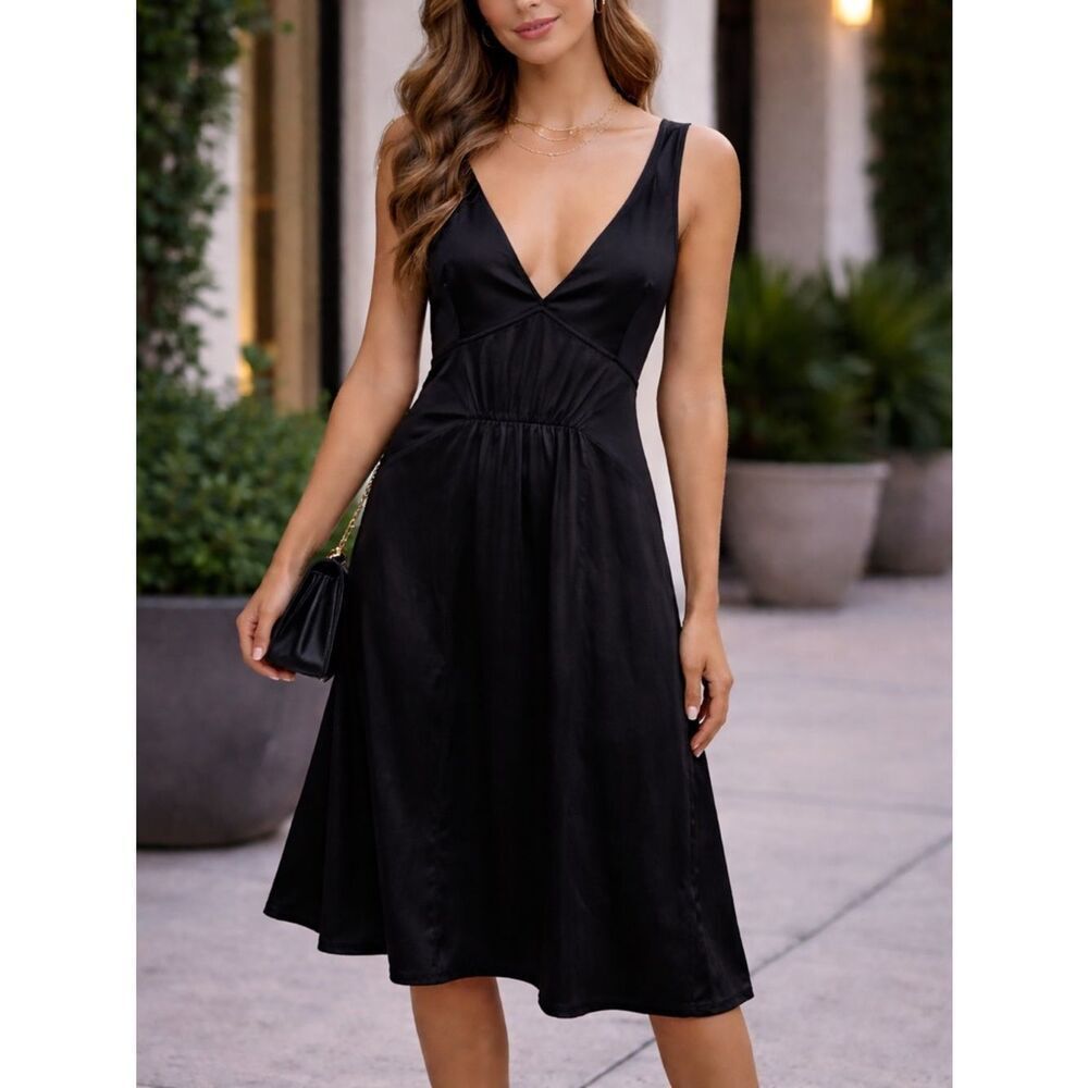CNC Costume National Black Silk Satin Sleeveless Midi Dress Size M